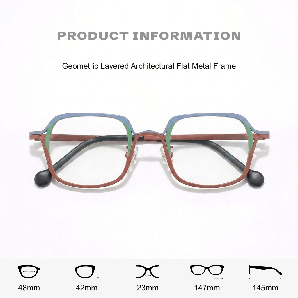 Geometric layered architectural flat metal frame glasses on a white background with product information text.