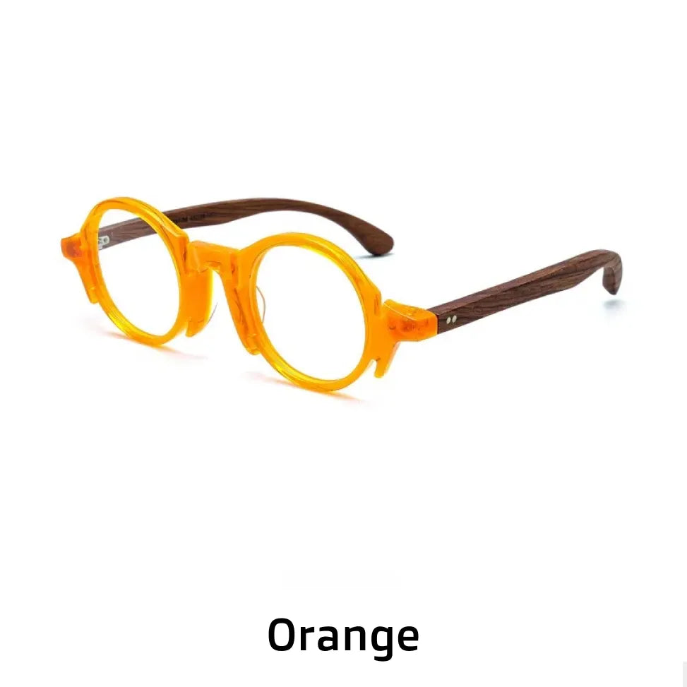 Retro Round Eyeglass Frame with Wooden Temples
