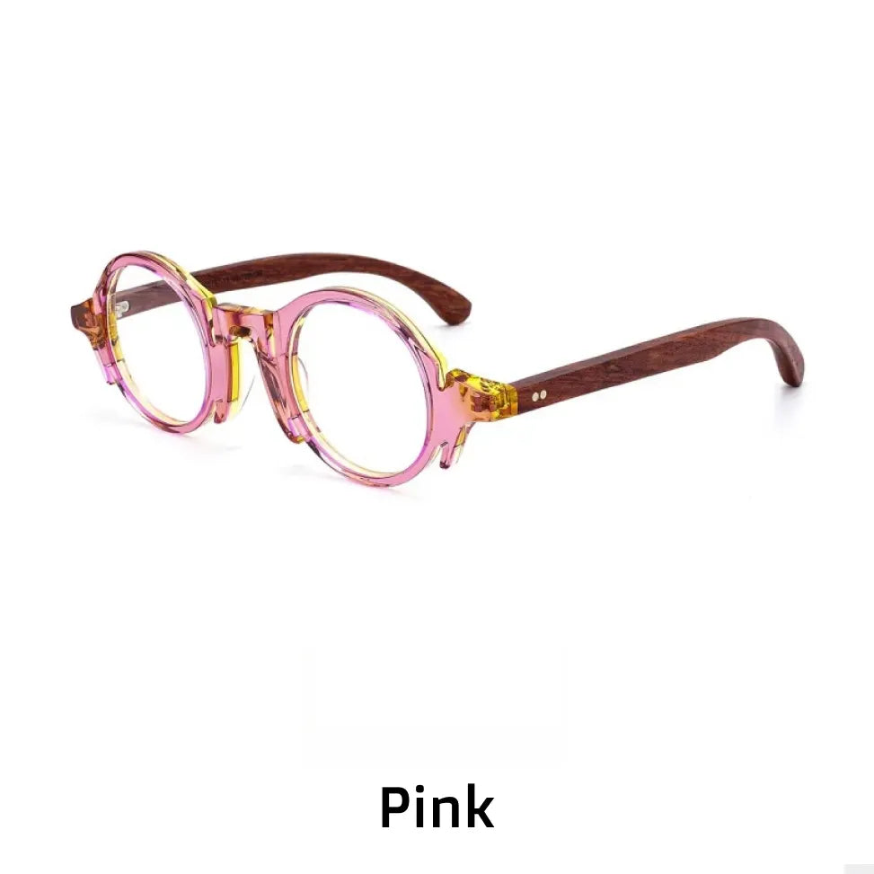Retro Round Eyeglass Frame with Wooden Temples