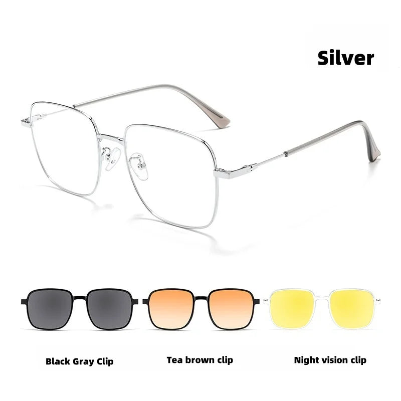 Magnetic Clip-On Polarized Square Eyeglasses Frame - Unisex Metal Optical Frame