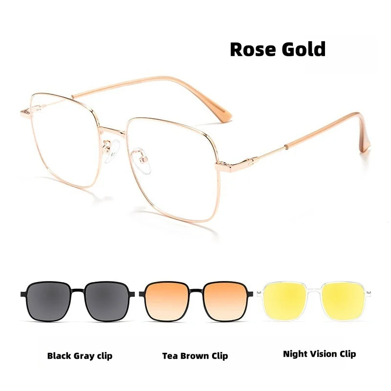 Magnetic Clip-On Polarized Square Eyeglasses Frame - Unisex Metal Optical Frame