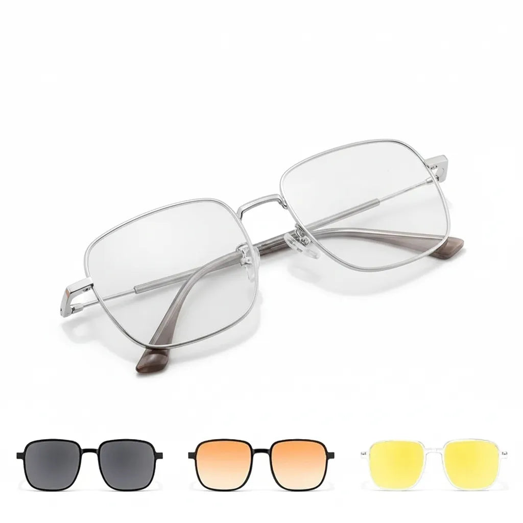 Magnetic Clip-On Polarized Square Eyeglasses Frame - Unisex Metal Optical Frame