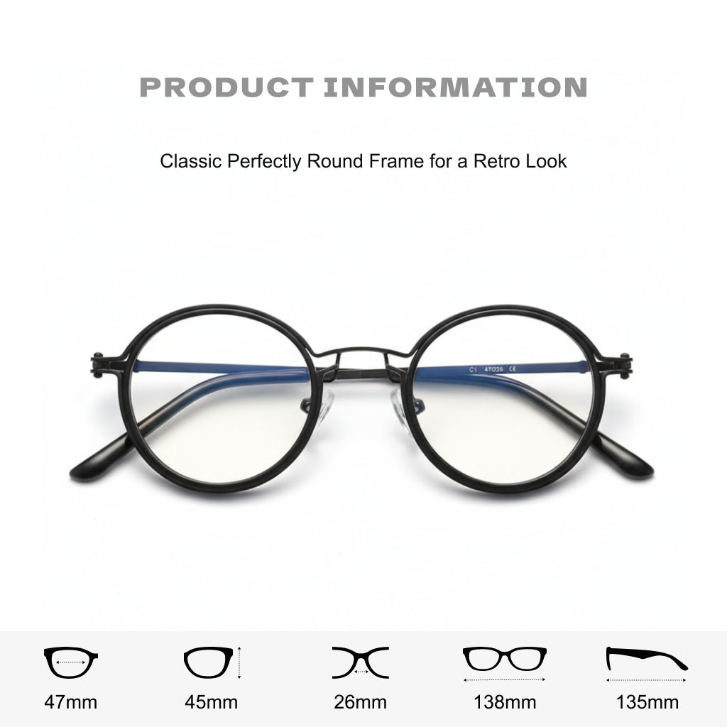 Retro Round Metal Glasses Frames - Blue Light Blocking Optical Prescription
