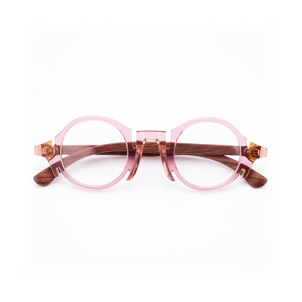Retro Round Eyeglass Frame with Wooden Temples