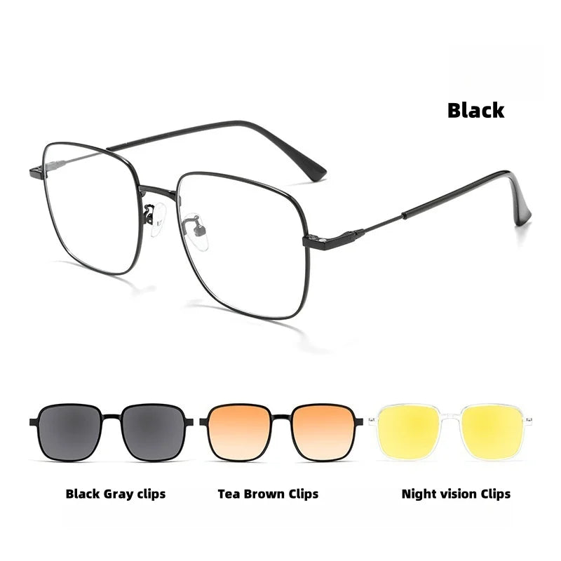 Magnetic Clip-On Polarized Square Eyeglasses Frame - Unisex Metal Optical Frame