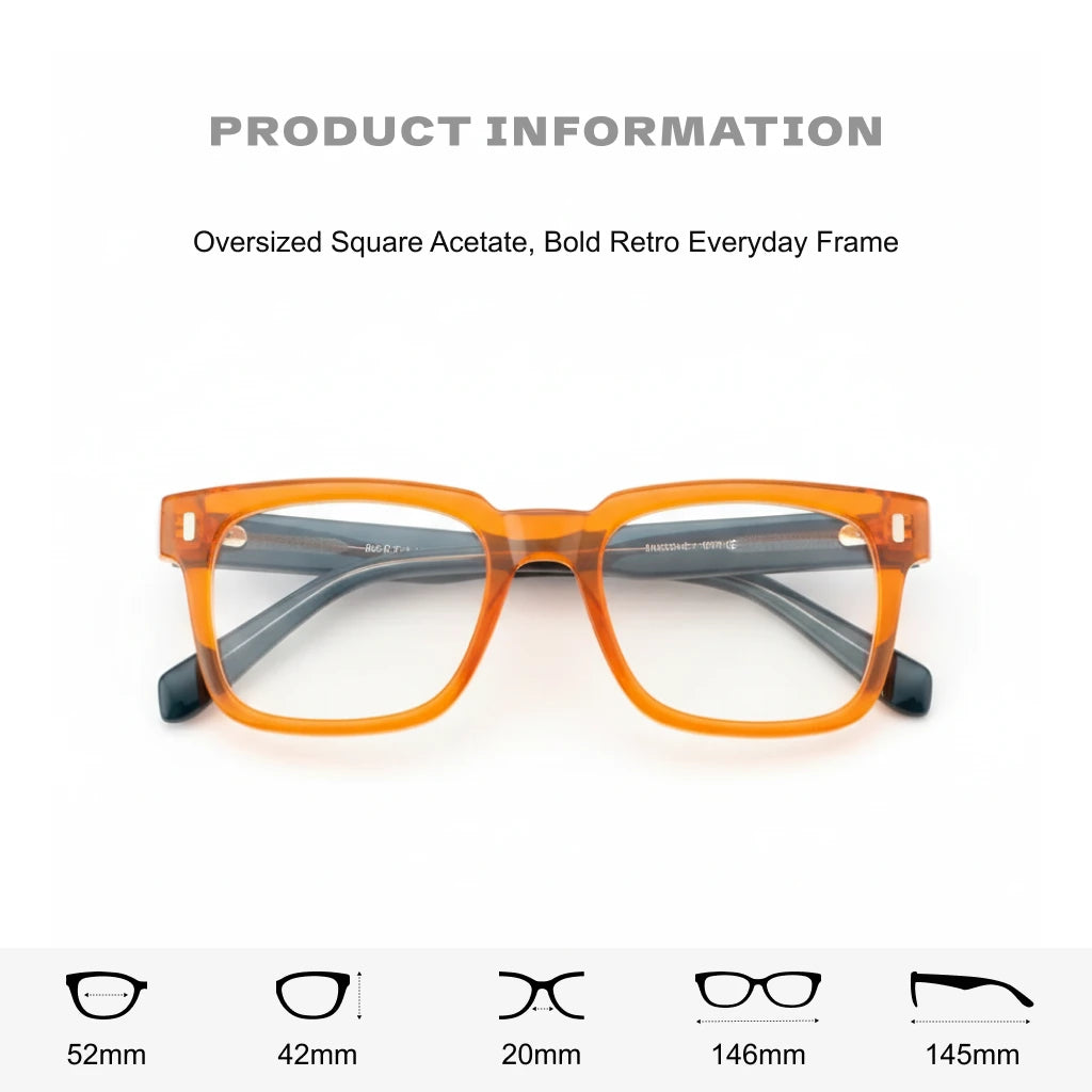 Retro Square Acetate Glasses Frame - Anti-Blue Light Optical Prescription Eyewear